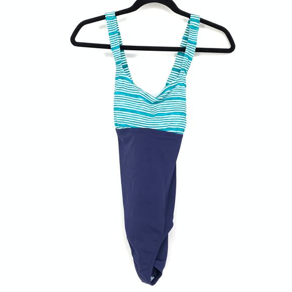 Nike Women's Size Medium One Piece Cross Racerback Swimsuit Blue Striped Top - Picture 1 of 6